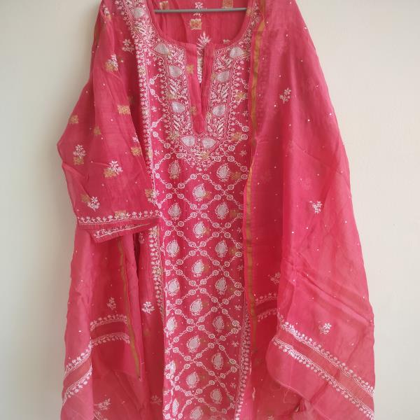 Semistitched mul chanderi kurta dupatta set